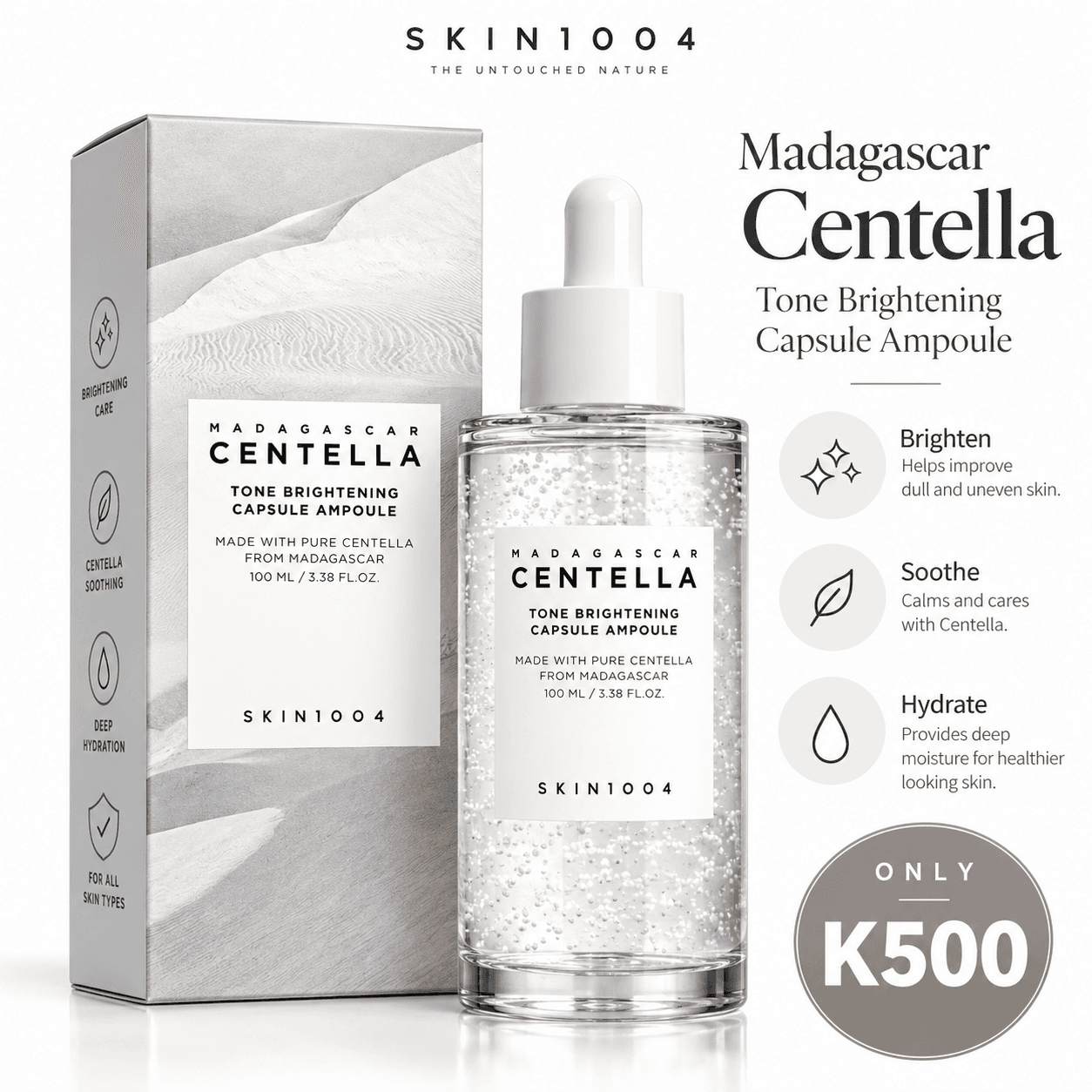 Brightening ampoule with Centella that helps soothe, hydrate, and improve the look of dull, uneven skin.